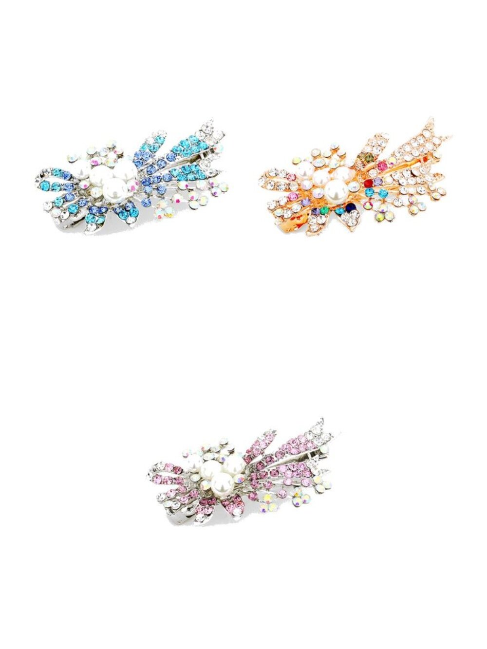3 Pearl Rhinestone Hair Barrettes - Bridal Wedding Hair Clip Set, Blue Gold Pink